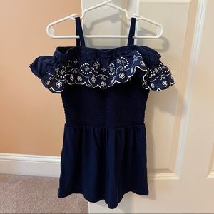 Flapdoodles Off the Shoulder Romper Navy Blue White Girls 6